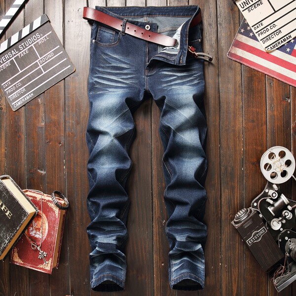 

Men Washed Skinny Jeans Without Belt, Dark wash