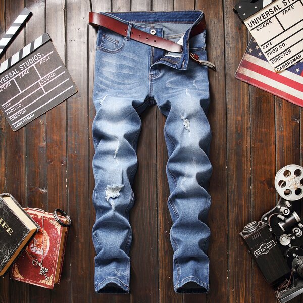 

Men Ripped Washed Skinny Jeans Without Belt, Medium wash