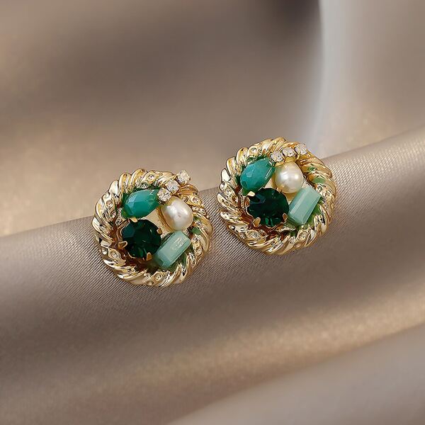 

Faux Pearl Detail Round Earrings, Dark green