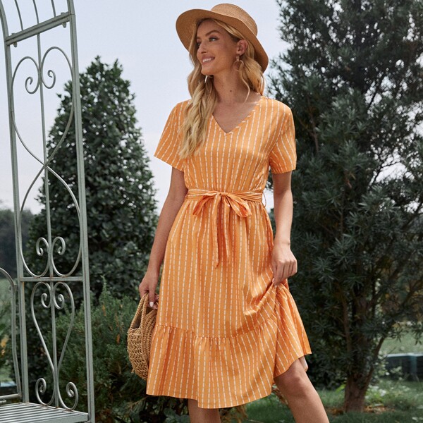 

Striped Print Ruffle Hem Belted Dress, Orange