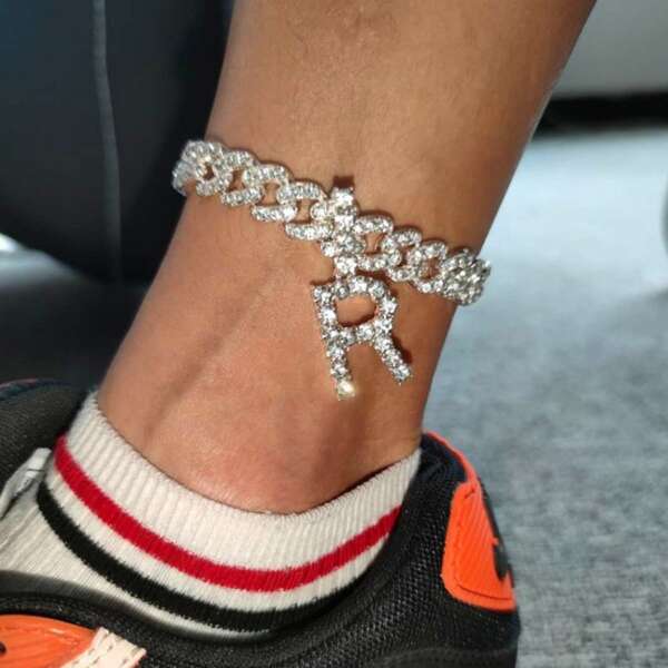 

Rhinestone Letter Charm Anklet, Silver