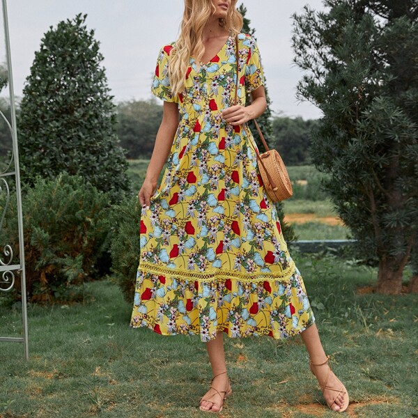 

Allover Floral Print A-line Dress, Multicolor