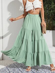 SHEIN Frenchy 彈性腰身多層下擺寬管褲子 - 薄荷綠 - 查看 1