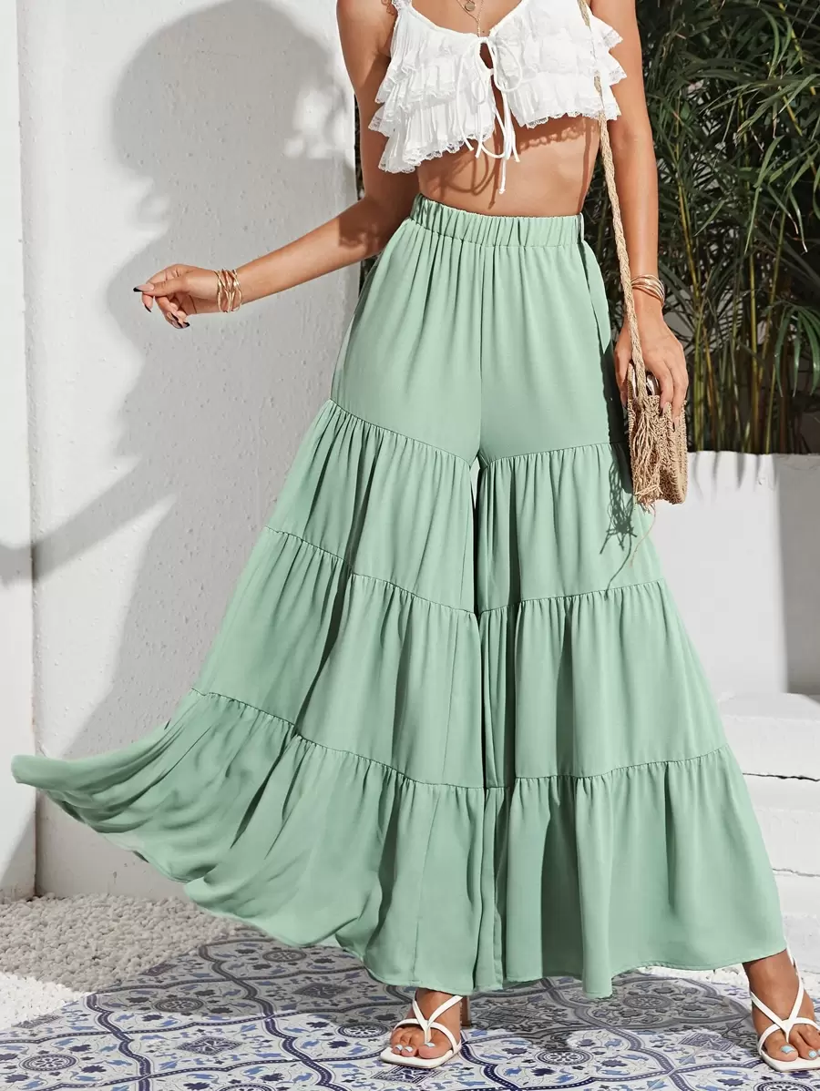 SHEIN Frenchy 彈性腰身多層下擺寬管褲子 - 薄荷綠 - 查看 1