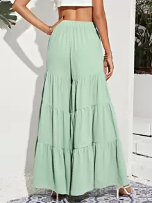 SHEIN Frenchy 彈性腰身多層下擺寬管褲子 - 薄荷綠 - 查看 2