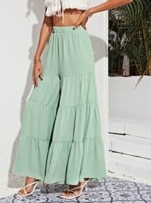 SHEIN Frenchy 彈性腰身多層下擺寬管褲子 - 薄荷綠 - 查看 3