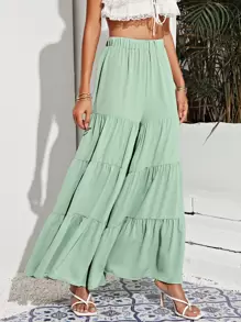 SHEIN Frenchy 彈性腰身多層下擺寬管褲子 - 薄荷綠 - 查看 4