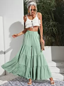 SHEIN Frenchy 彈性腰身多層下擺寬管褲子 - 薄荷綠 - 查看 5