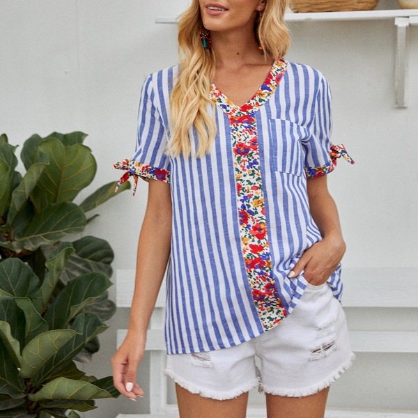 

Striped Contrast Floral Blouse, Blue and white