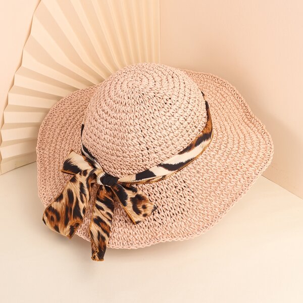 

Leopard Print Bow Knot Decor Straw Hat, Pink