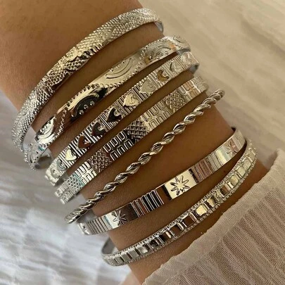 7pcs/9pcs/10pcs/14pcs Fashion Star & Heart Pattern Open Bangle Bracelet Set For Women, Geometric Multi-Element Design, Suitable For Daily Wear, Vacation, And Stylish Gifts