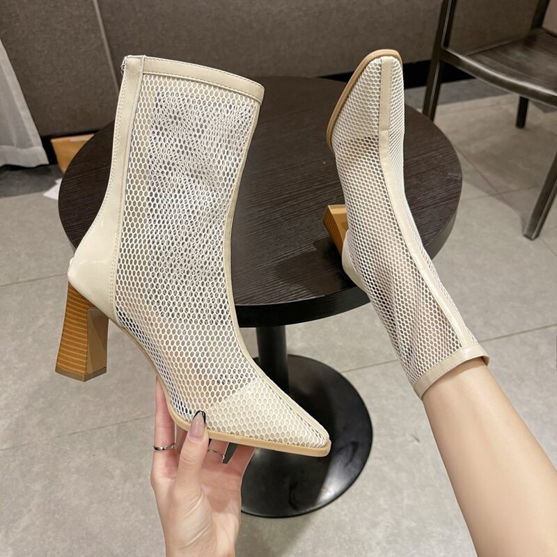

Chunky Heeled Mesh Boots, Beige