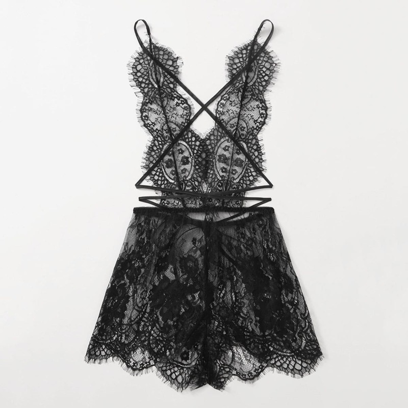 

Eyelash Lace Romper Bodysuit, Black