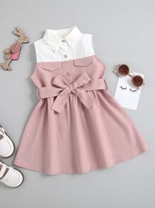 SHEIN 小女童紐扣半翻蓋細節腰帶連衣裙 - 藕粉色 - 查看 1