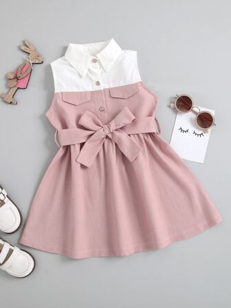 قميص طويل بدون أكمام بحزام وتفاصيل قلاب - طفلة صغيرة