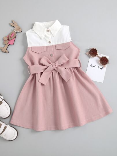 قميص طويل بدون أكمام بحزام وتفاصيل قلاب - طفلة صغيرة