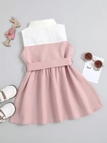 SHEIN 小女童紐扣半翻蓋細節腰帶連衣裙 - 藕粉色 - 查看 2