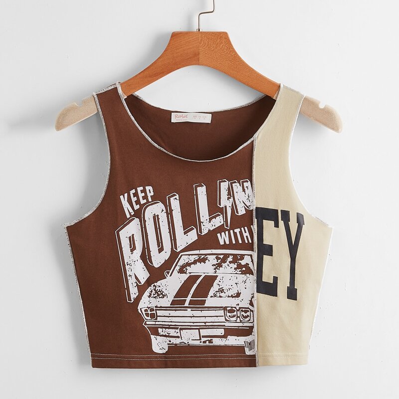 

Letter Car Graphic Stitching Tank Top, Multicolor