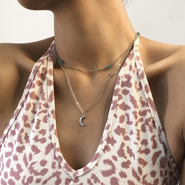 

Moon Charm Layered Necklace, Silver