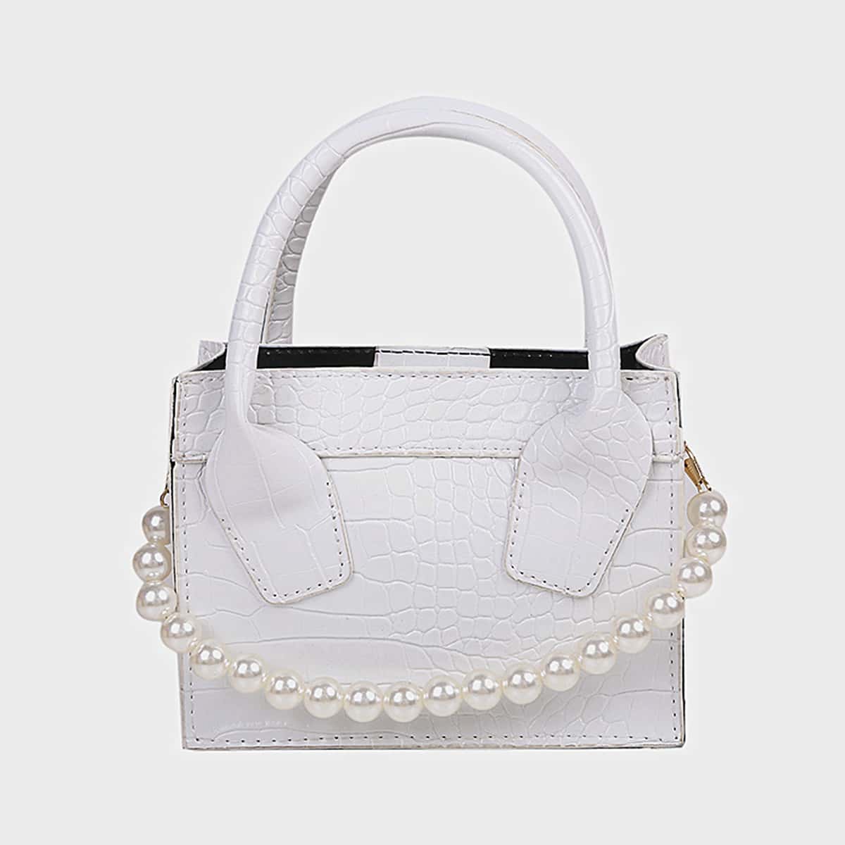 

Faux Pearl Croc Embossed Satchel Bag, White