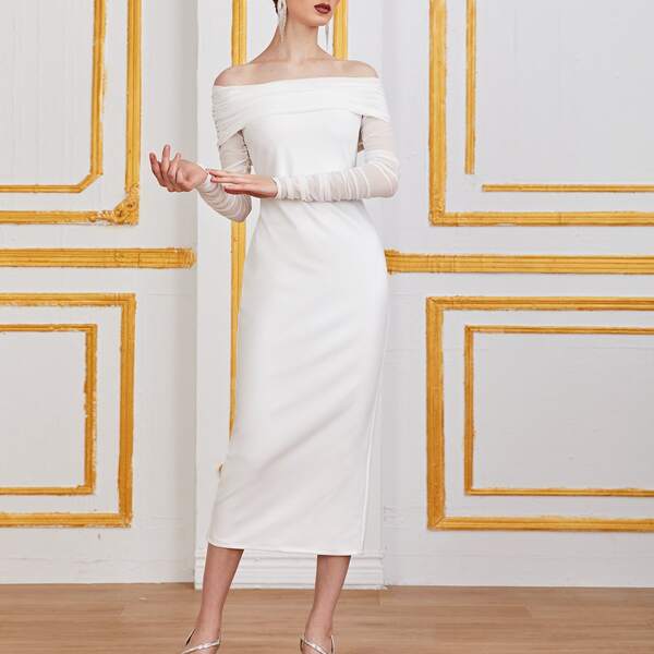 

Foldover Off Shoulder Split Hem Mesh Overlay Dress, White
