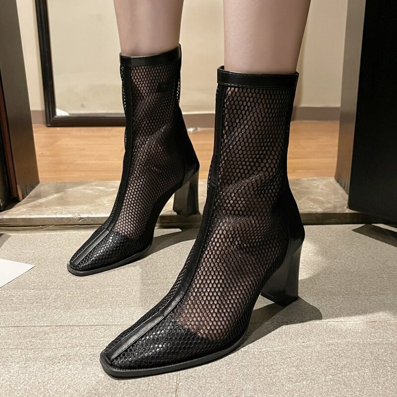 

Chunky Heeled Mesh Boots, Black