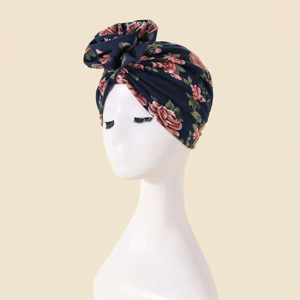 

Floral Print Wrap Hat, Navy blue
