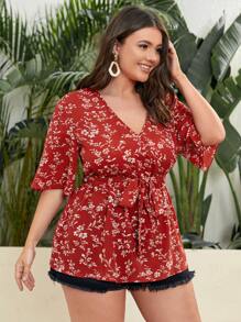 SHEIN VCAY Plus Ditsy Floral Surplice Neck Belted Blouse - Red - View 4