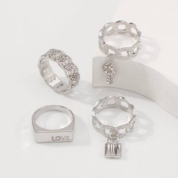 

4pcs Lock & Key Charm Ring, Silver