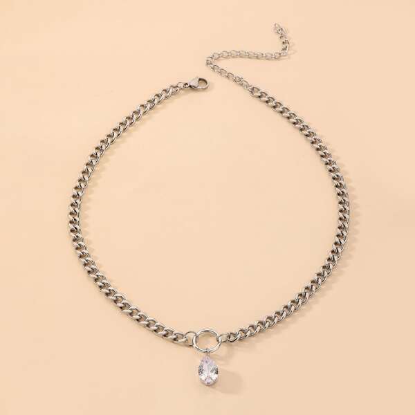 

Water-drop Rhinestone Charm Chain Necklace, Silver