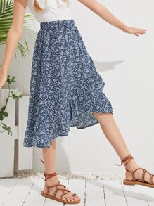 SHEIN Leap Crew 女孩荷葉邊下擺小碎花半身裙