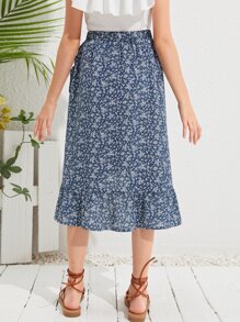 SHEIN Leap Crew 女孩荷葉邊下擺小碎花半身裙