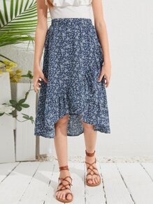 SHEIN Leap Crew 女孩荷葉邊下擺小碎花半身裙