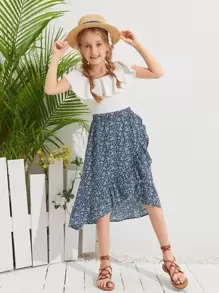 SHEIN Leap Crew 女孩荷葉邊下擺小碎花半身裙