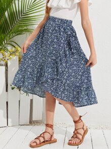 SHEIN Leap Crew 女孩荷葉邊下擺小碎花半身裙