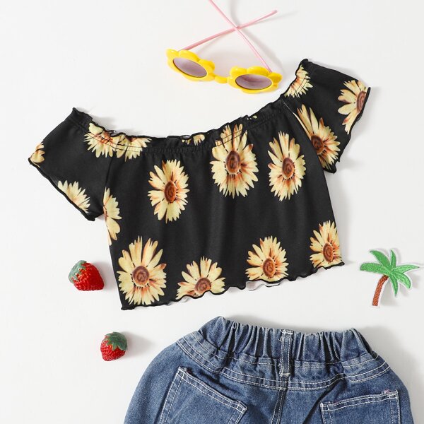 

Girls Floral Print Lettuce Trim Crop Top, Black