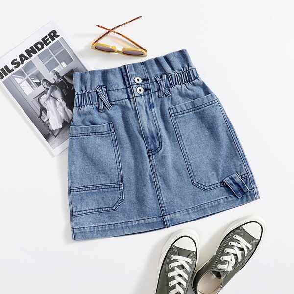 

Paper Bag Waist Denim Skirt, Medium wash