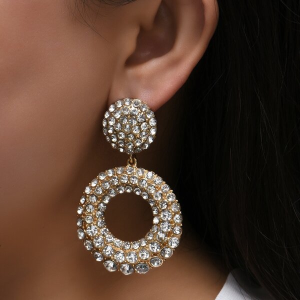 

Rhinestone Round Drop Earrings, Gold