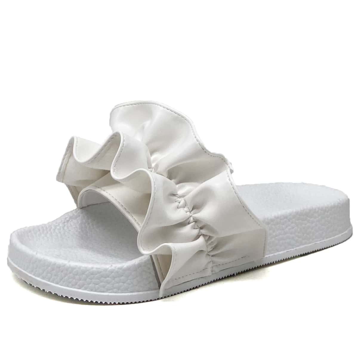 

Ruffle Band Slide Sandals, White