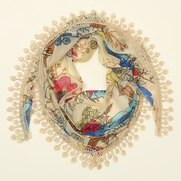 

Flower Print Scarf, Beige