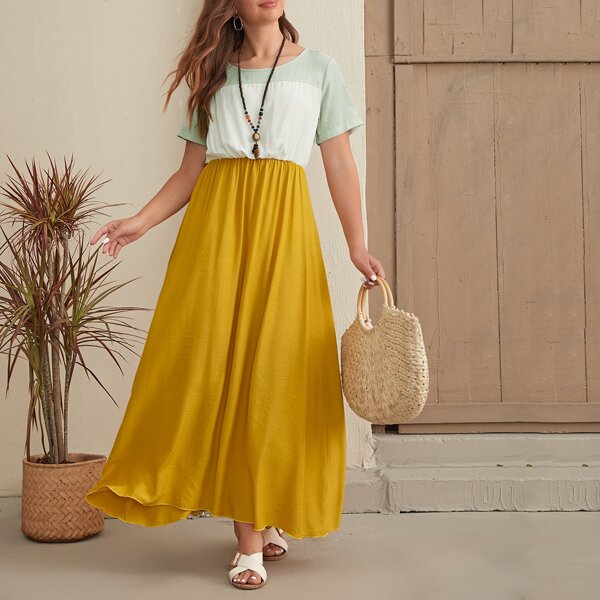 

Contrast Panel A-line Dress, Mustard yellow