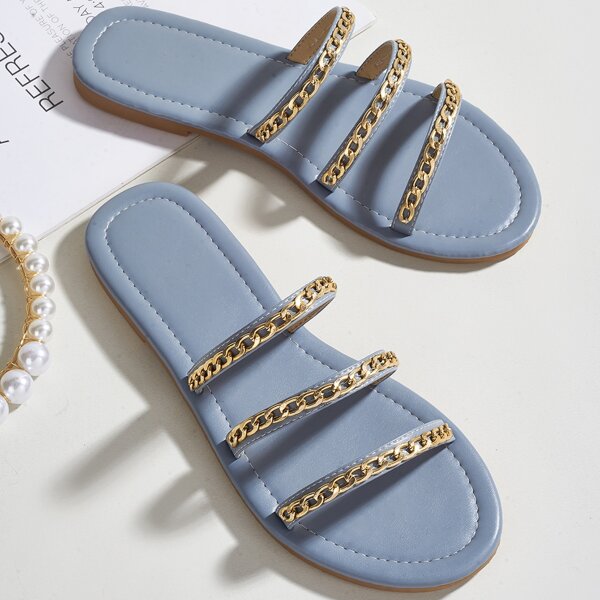

Chain Decor Thin Strap Slide Sandals, Blue
