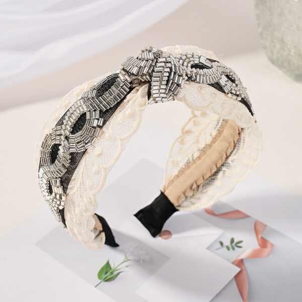 

Bead Decor Hair Hoop, Black and white