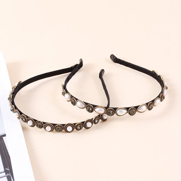 

2pcs Faux Pearl Decor Headband, Bronze