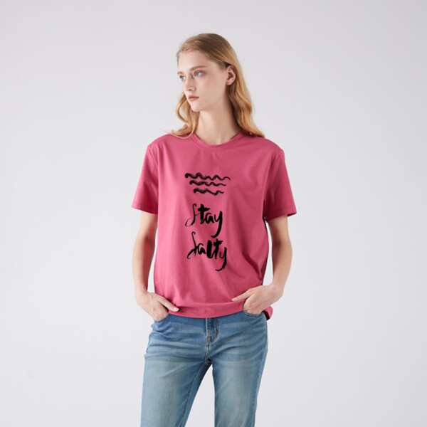 

Slogan Graphic Crew Neck Tee, Pink