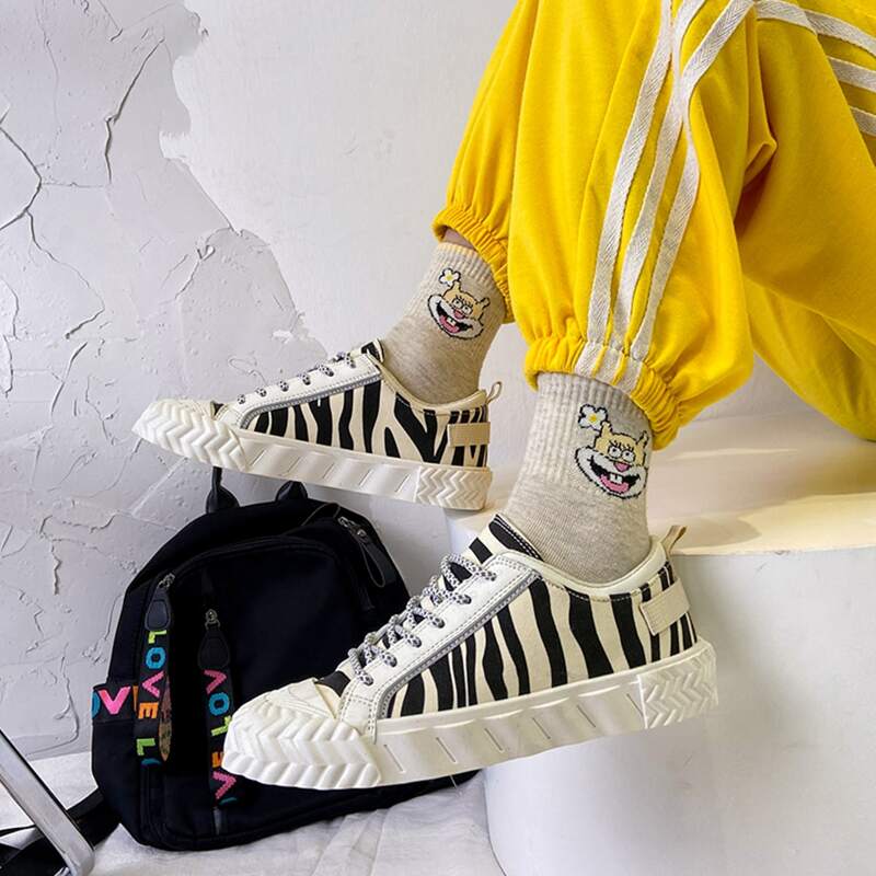 

Zebra Striped Lace-up Canvas Sneakers, Black and white