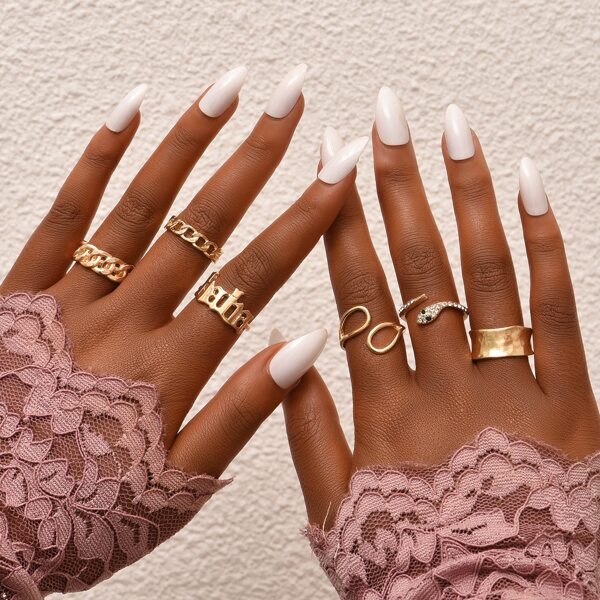 

6pcs Rhinestone Decor Snake Design Ring, Gold