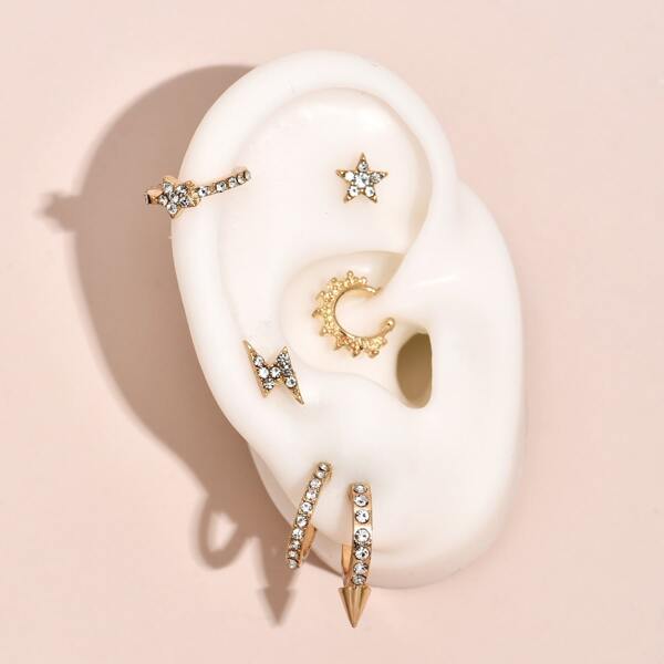

6pcs Rhinestone & Star Decor Earring, Gold