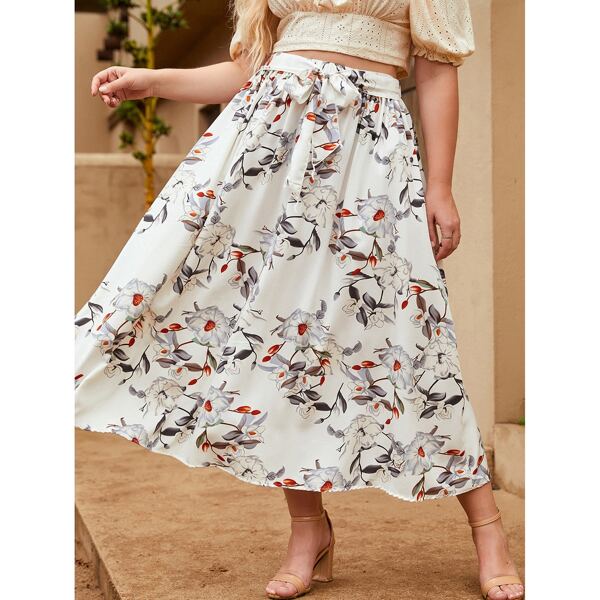 

Plus Allover Floral Tie Front Skirt, White