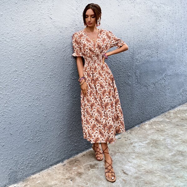 

Paisley Shirred Waist Flounce Sleeve A-line Dress, Coffee brown